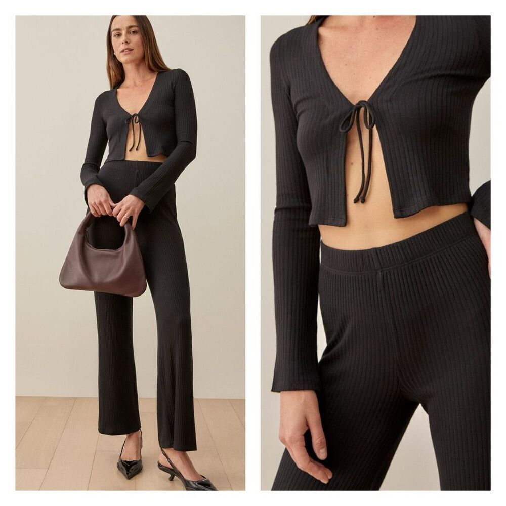 Reformation Mirabel Ribbed Hi Rise Stretch Straight Leg Lounge Black Pants XS